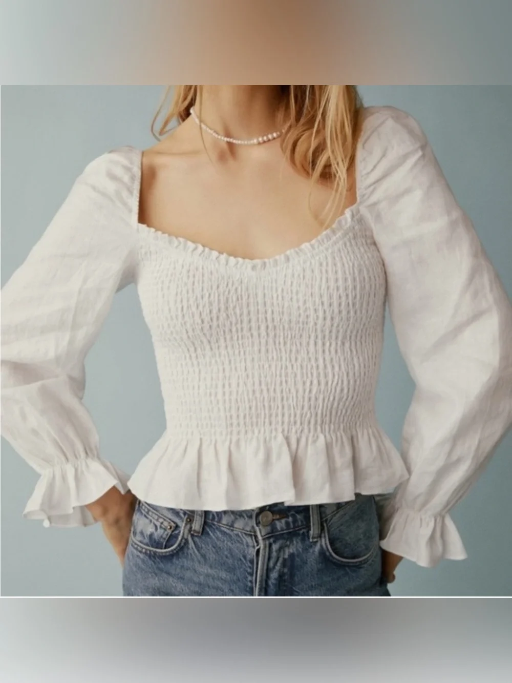 Reformation White Smocked Linen Puff Sleeve Blouse Size S